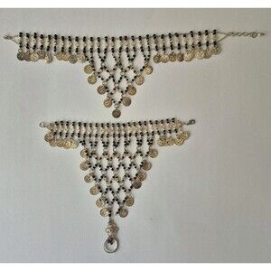 VTG Silver and Black Beaded Belly Dancer Finger Ring Bracelet & Arm Bracelet
